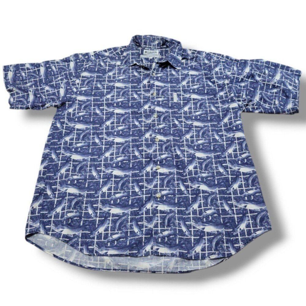 Columbia Shirt Size XL Hawaiian Style Shirt Button Up Shirt Fish All Over Print